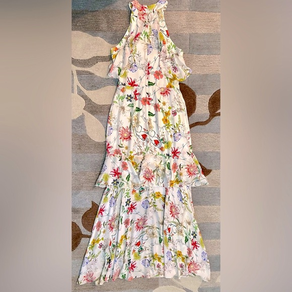 Parker Fillipa Sleeveless Halter Neck High/Low Ruffle Maxi Dress Floral Sangria - Picture 2 of 10